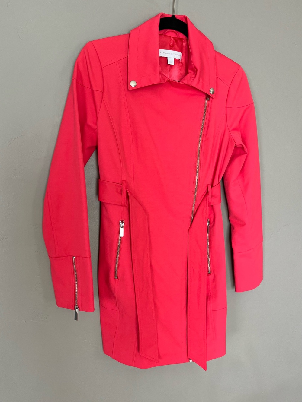 NY & Co Hot Pink Fuchsia Belted Trench Coat Rain Jacket Asymmetrical Zipper XS